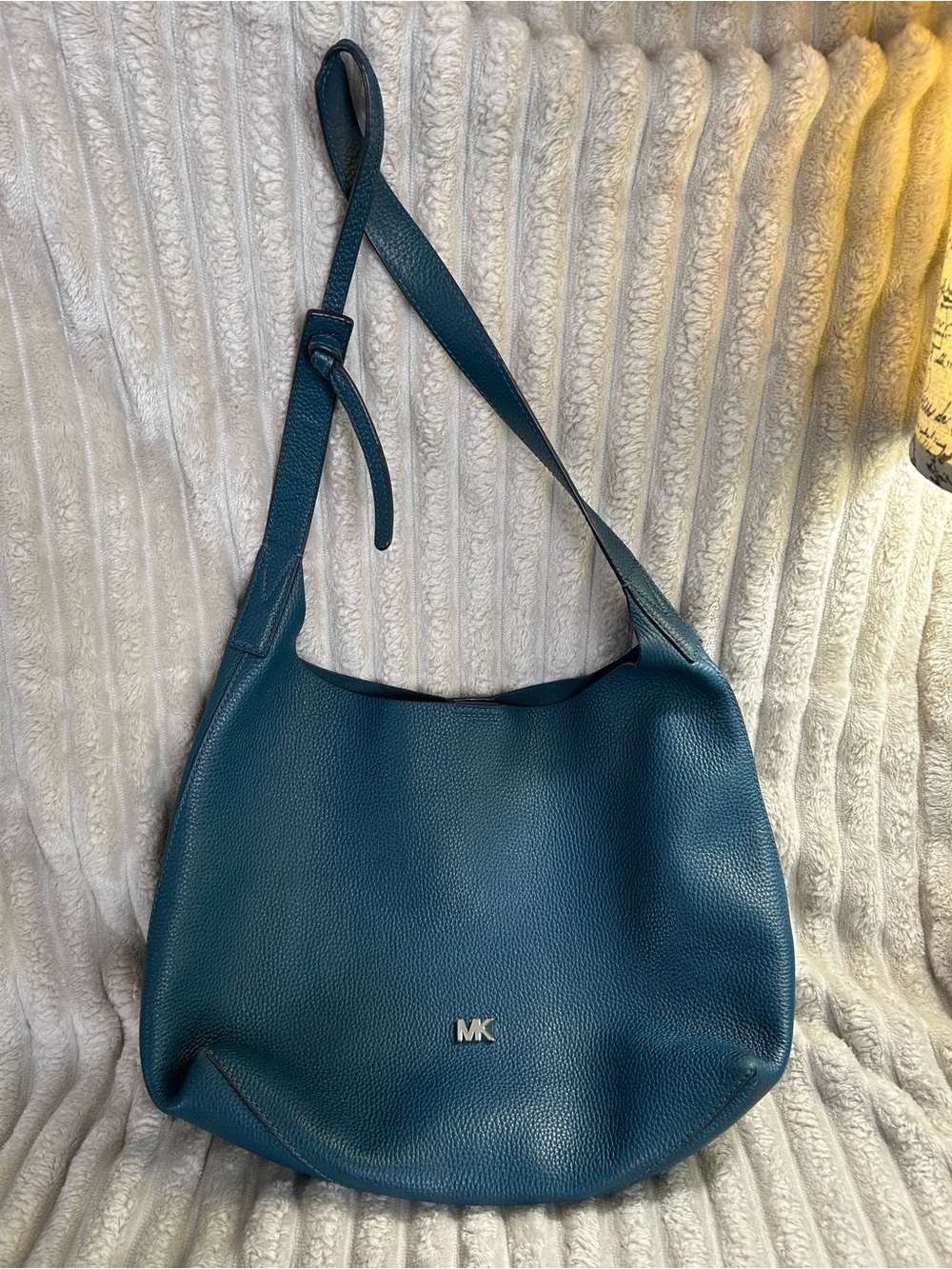 Michael Kors Teal Pebbled Leather Hobo with Silver MK Accent